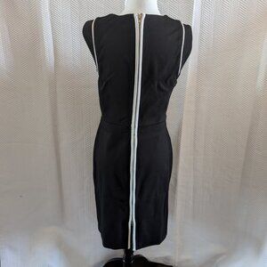 LUNA Black Sheath Dress Gold zip back white trim Stretch Size Large Minimalist